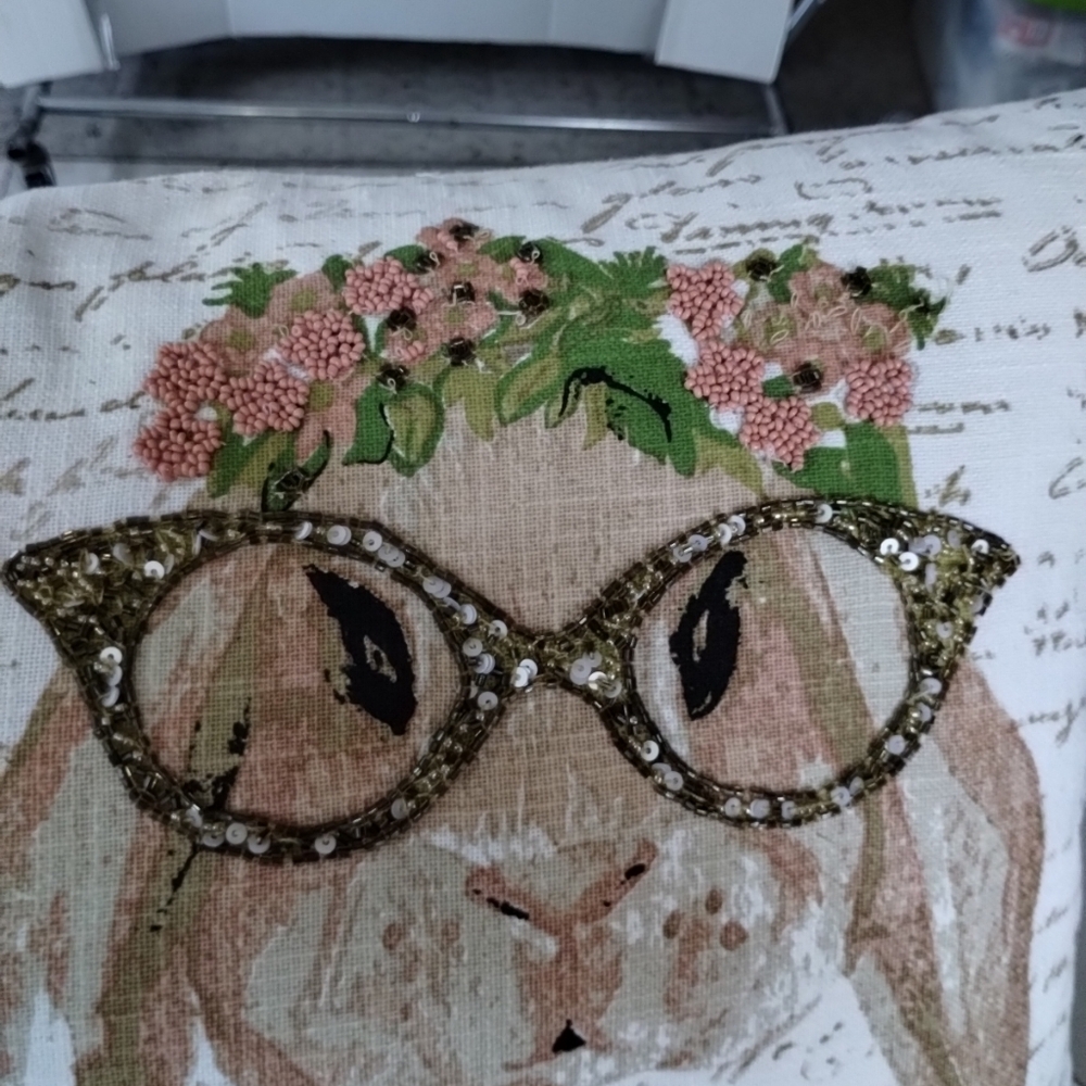Snuggle Bunny Graphic Beaded Rabbits Cursive Blessed Accent Pillow White Peach - Picture 5 of 15